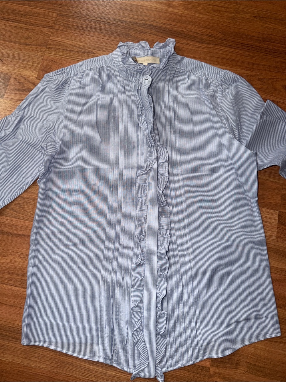 Vanessa Bruno Light Blue Pinstripe Ruffle-Front Shirt